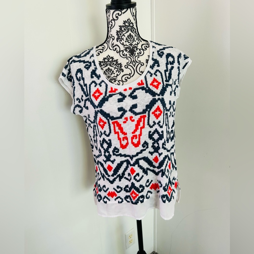 Tommy Hilfiger Women’s Colorful Boho Short Sleeve Round Neck 100% Linen Top